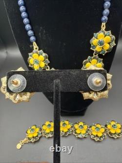 TALBOTS Floral Statement Necklace Bracelet Earrings Jewelry Set Yellow Dusty Blu