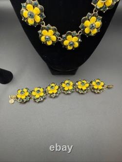 TALBOTS Floral Statement Necklace Bracelet Earrings Jewelry Set Yellow Dusty Blu