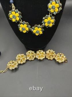 TALBOTS Floral Statement Necklace Bracelet Earrings Jewelry Set Yellow Dusty Blu