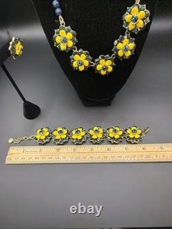 TALBOTS Floral Statement Necklace Bracelet Earrings Jewelry Set Yellow Dusty Blu