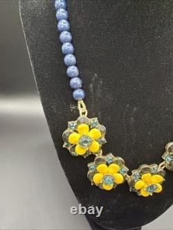 TALBOTS Floral Statement Necklace Bracelet Earrings Jewelry Set Yellow Dusty Blu