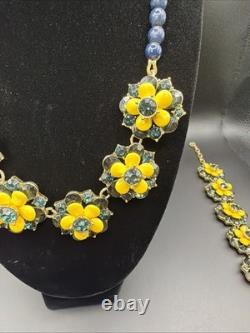 TALBOTS Floral Statement Necklace Bracelet Earrings Jewelry Set Yellow Dusty Blu