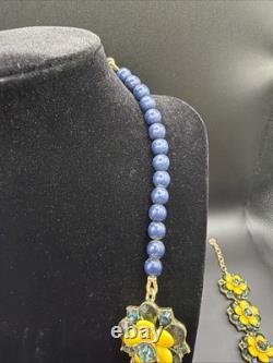 TALBOTS Floral Statement Necklace Bracelet Earrings Jewelry Set Yellow Dusty Blu