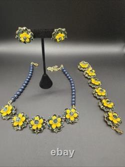 TALBOTS Floral Statement Necklace Bracelet Earrings Jewelry Set Yellow Dusty Blu