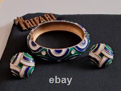 TRIFARI Abstract Green Blue & White Enamel Gold-Tone Hinged Bracelet & Earrings