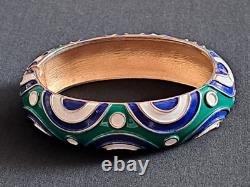 TRIFARI Abstract Green Blue & White Enamel Gold-Tone Hinged Bracelet & Earrings