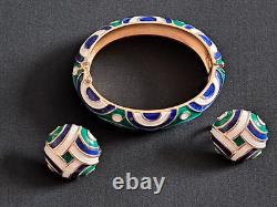 TRIFARI Abstract Green Blue & White Enamel Gold-Tone Hinged Bracelet & Earrings