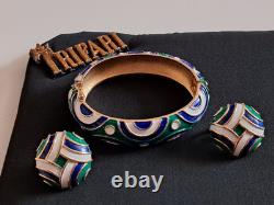 TRIFARI Abstract Green Blue & White Enamel Gold-Tone Hinged Bracelet & Earrings