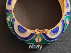 TRIFARI Abstract Green Blue & White Enamel Gold-Tone Hinged Bracelet & Earrings