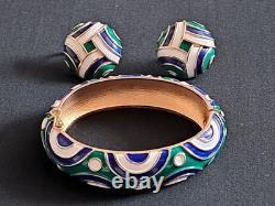 TRIFARI Abstract Green Blue & White Enamel Gold-Tone Hinged Bracelet & Earrings