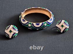 TRIFARI Abstract Green Blue & White Enamel Gold-Tone Hinged Bracelet & Earrings