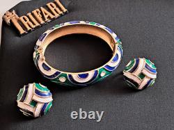 TRIFARI Abstract Green Blue & White Enamel Gold-Tone Hinged Bracelet & Earrings