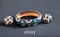 TRIFARI Abstract Green Blue & White Enamel Gold-Tone Hinged Bracelet & Earrings