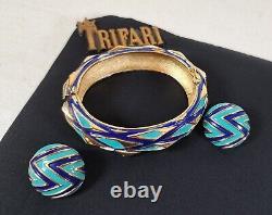 TRIFARI Navy Blue Turquoise Gold Mod Geometric Enamel Hinged Bracelet & Earrings