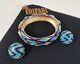 Trifari Navy Blue Turquoise Gold Mod Geometric Enamel Hinged Bracelet & Earrings
