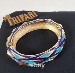 TRIFARI Navy Blue Turquoise Gold Mod Geometric Enamel Hinged Bracelet & Earrings