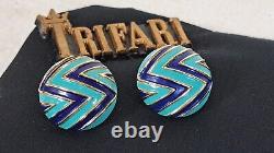 TRIFARI Navy Blue Turquoise Gold Mod Geometric Enamel Hinged Bracelet & Earrings