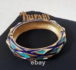 TRIFARI Navy Blue Turquoise Gold Mod Geometric Enamel Hinged Bracelet & Earrings