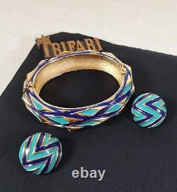 TRIFARI Navy Blue Turquoise Gold Mod Geometric Enamel Hinged Bracelet & Earrings