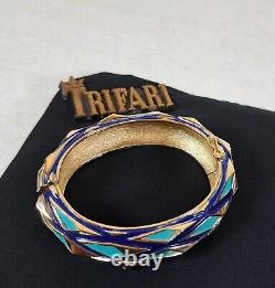 TRIFARI Navy Blue Turquoise Gold Mod Geometric Enamel Hinged Bracelet & Earrings