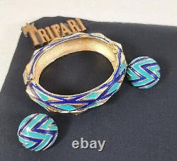 TRIFARI Navy Blue Turquoise Gold Mod Geometric Enamel Hinged Bracelet & Earrings