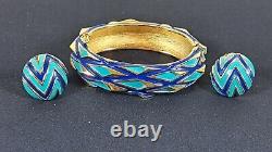 TRIFARI Navy Blue Turquoise Gold Mod Geometric Enamel Hinged Bracelet & Earrings