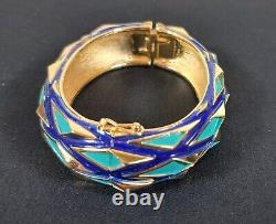 TRIFARI Navy Blue Turquoise Gold Mod Geometric Enamel Hinged Bracelet & Earrings