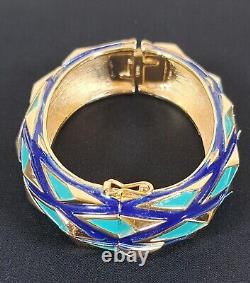 TRIFARI Navy Blue Turquoise Gold Mod Geometric Enamel Hinged Bracelet & Earrings