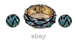 TRIFARI Navy Blue Turquoise Gold Mod Geometric Enamel Hinged Bracelet & Earrings