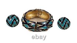 TRIFARI Navy Blue Turquoise Gold Mod Geometric Enamel Hinged Bracelet & Earrings