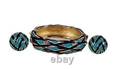 TRIFARI Navy Blue Turquoise Gold Mod Geometric Enamel Hinged Bracelet & Earrings