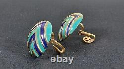 TRIFARI Navy Blue Turquoise Gold Mod Geometric Enamel Hinged Bracelet & Earrings