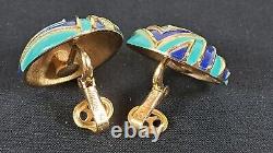 TRIFARI Navy Blue Turquoise Gold Mod Geometric Enamel Hinged Bracelet & Earrings