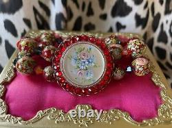 Tarina Tarantino Vintage Red Pink Rosebud Blue Wild Flower Floral Cameo Bracelet