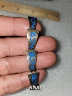 Taxco Mexico JSF Sterling Silver Blue Enamel Inlay Panel Bracelet 6.75 17.4 g