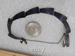 Taxco Mexico JSF Sterling Silver Blue Enamel Inlay Panel Bracelet 6.75 17.4 g