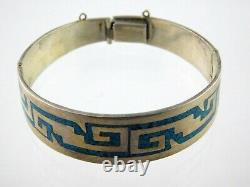 Taxco Mexico Sterling Silver Turquoise Chip and Enamel Inlay Hinged Bracelet 925