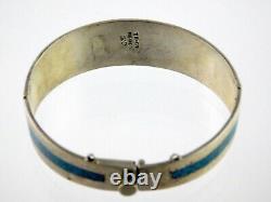 Taxco Mexico Sterling Silver Turquoise Chip and Enamel Inlay Hinged Bracelet 925