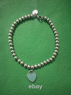 Tiffany And Co Silver & Blue Enamel Heart Tag Mini Bead Bracelet 6.69 RRP 460$