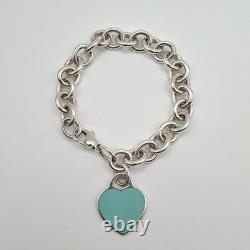 Tiffany & Co 7 925 Sterling Silver Blue Enamel Heart Tag Cable Chain Bracelet