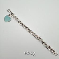 Tiffany & Co 7 925 Sterling Silver Blue Enamel Heart Tag Cable Chain Bracelet