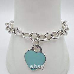 Tiffany & Co 7 925 Sterling Silver Blue Enamel Heart Tag Cable Chain Bracelet