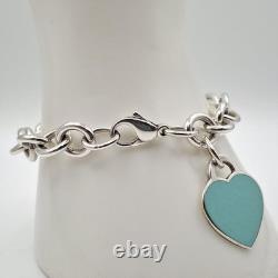 Tiffany & Co 7 925 Sterling Silver Blue Enamel Heart Tag Cable Chain Bracelet