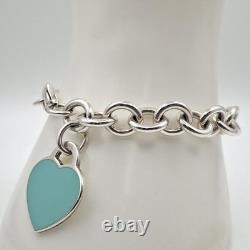 Tiffany & Co 7 925 Sterling Silver Blue Enamel Heart Tag Cable Chain Bracelet