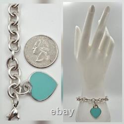 Tiffany & Co 7 925 Sterling Silver Blue Enamel Heart Tag Cable Chain Bracelet