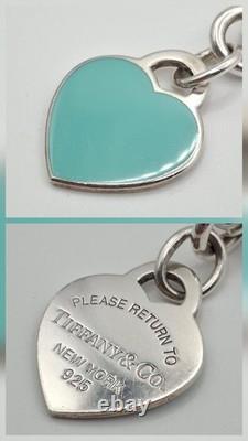 Tiffany & Co 7 925 Sterling Silver Blue Enamel Heart Tag Cable Chain Bracelet