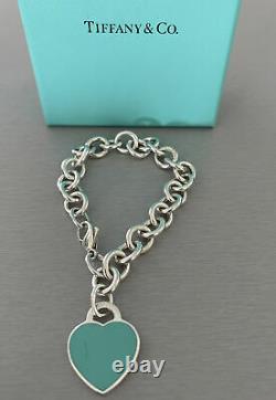 Tiffany & Co 925 Blue Enamel Return To Tiffany Heart Tag Bracelet 7 With Box