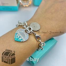 Tiffany & Co. 925 Silver Blue Enamel Splash RTT Heart Tag 7.5 Bracelet (pouch)