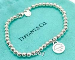 Tiffany & Co. 925 Silver Blue Enamel Sunburst Heart Round RTT Bead Bracelet 6.5