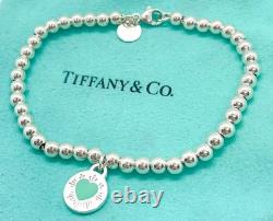 Tiffany & Co. 925 Silver Blue Enamel Sunburst Heart Round RTT Bead Bracelet 6.5